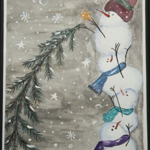 A Little Help From My Friends - Four snowmen helping each other place a star on the top of an evergree tree.