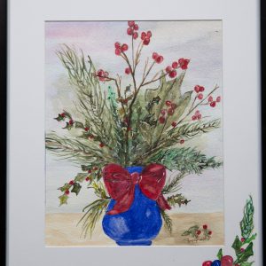 Christmas Bouquet - Image of holly in blue vase with red bow