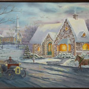 Hometown Winter - image of old time city street in winter with car, limestone cottage, horse drawn carrigae and church up the street