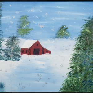 Christmas - In the Midst of the Night - painting of red barn on snow covered ground with evergreen trees in background and foreground.