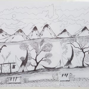 Drawing - Eagles are Nesting - Pencil drawing of camp with two tepe's with mountains in background