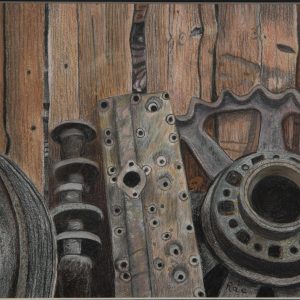 Drawing - Golden Years Golden Gears - drawing in color of various antique car parts leaning against a wooden wall