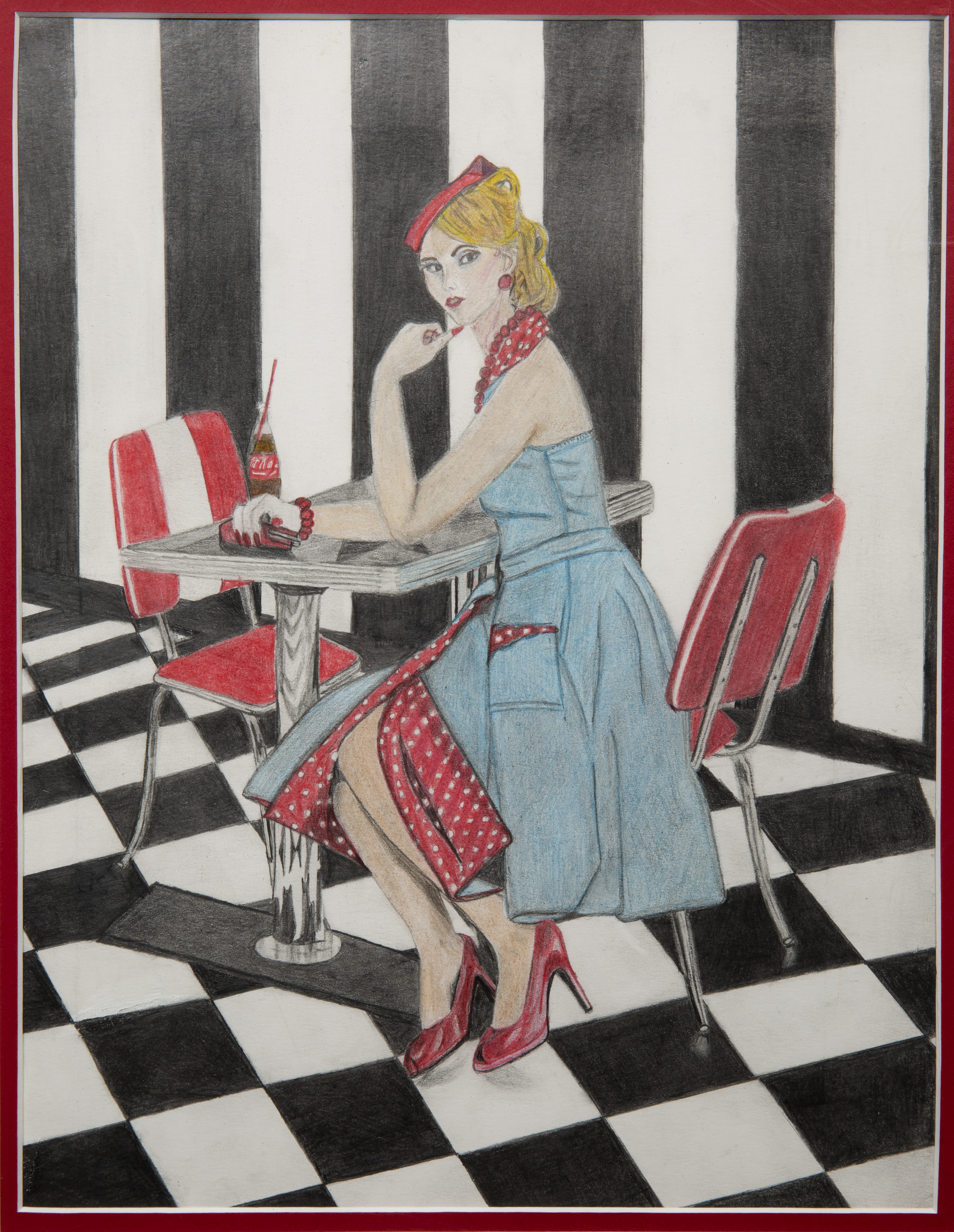 Drawing - Love Waits - Drawing in color of woman sitting at a table in a fifties style diner