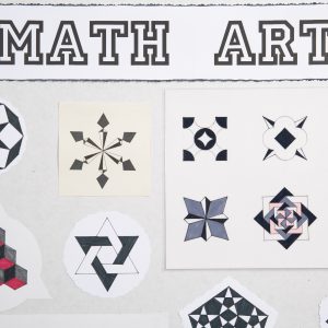 Drawing - Math Art - Detail - 3 panel display board exhibiting various art designs made from shapes, such as squares, octagons, hexagons, pentagons and spirals all created with a compass and straight edge.