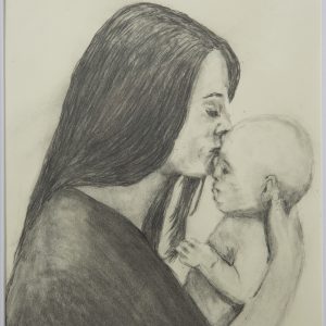 Drawing - Mothers Love - Pencil drawing of a mother holiding her baby and kissing it on the forehead