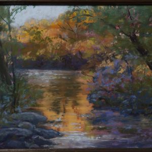 Drawing - Reflections - drawing in color of peaceful river with pink and blue foliage on banks lined by tall trees with red/orange leaves reflecting in the water