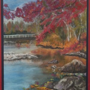 Drawing - Reflections of Fall - drawing in color of trees with red/orange leaves along peaceful river