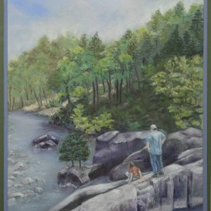 Drawing - River Rock Climbing - drawing in color of two people on huge rocks protruding in river watching the water rush down stream