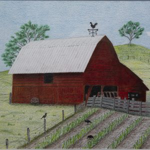 Drawing - The Red Barn - drawing in color of red barn with weather vane next to small garden with hills in the background