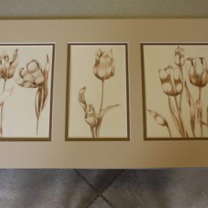 Drawing - Tulip Triptych - three different drawings of tulips in large frame. The fist drawing is of three tulips, the second drawing if of one tulip and the third image is three tulips.