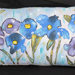 Fiber Arts - Pansies - Pillow with purple and blue pansies paninted on it.