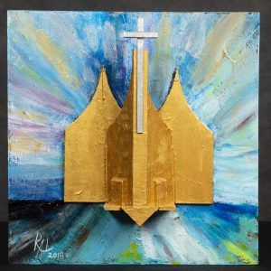 Mixed Media Crafts - Cathedral - three dimentional gold cathedral with silver cross mounted to board with various colors painted on the background simulating bursts of light.