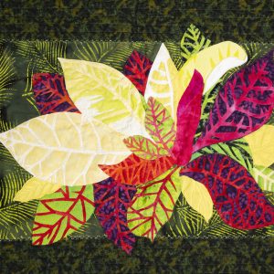 Mixed Media Crafts - Croton - quilted art of a Croton plant in various colors of red, green, purple, beige and yellow.