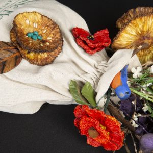 Mixed Media Crafts - Hedge Apple Bouquet - Detail arrangement of flowers, berry stems and eucalyptus in flower sack adorned with hand painted hedge apple bouquets.