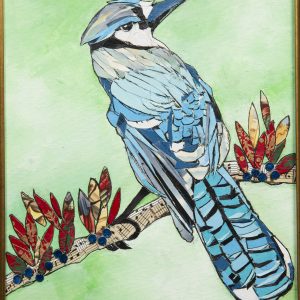 Mixed Media Crafts - I Decided to Follow Him - Image of Blue Jay made from various materials and sitting on branch covered with sheet music jewels and various colorful leaves made from paper and fabric.