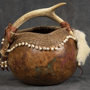 Mixed Media Crafts - Native American Wimsy - Gord made into basket with deer antler handle decorated with beading and painted horses.