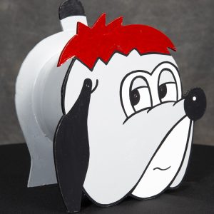 Mixed Media Crafts - Puppy - puppy bank made of wood painted white with black features and tuft of red hair on top of head.