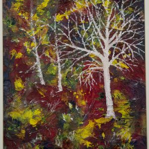 Mixed Media Crafts - Storytime - Image of three white trees with colorful red, yellow, orange and brown textures in background.