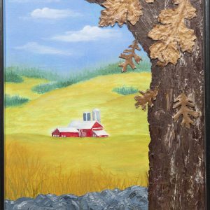 Mixed Media Crafts - The Barn - Image of red barn on the prairie with hills in the background and a large oak tree in the forefront featuring 3D oak leaves.