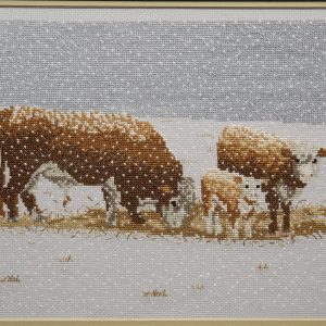 Needlework - Baby its Cold Outside - needlework of bull, cow and calf in the snowcovered pasture.