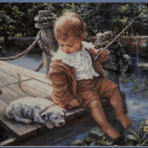 Needlework - Gone Fishing - needlework of young child fishing off dock with small white dog with black spots by his side.
