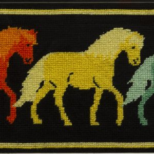 Needlework - Horses of a Different Color - needlework of 5 horses all of a different color; purple, orange, yellow, green and blue.