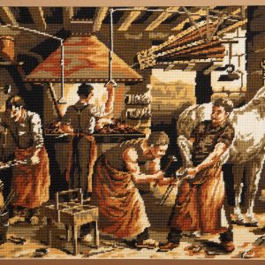 Needlework - Old Forge - needlework image of an old forge with two men shodding a horse.