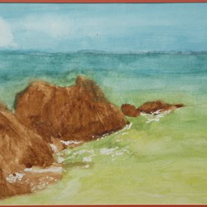 Painting - A Peaceful Seashore - painting of large tan rocks along shore overlooking the blue sea.