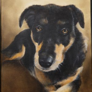 Painting - Anna - painting of black and tan dog lying down with paws crossed in front of it.