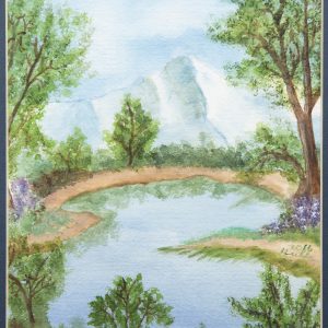Painting - At Peace - painting of peaceful lake surrounded by trees and purple ground cover with mountains and blue sky in background.
