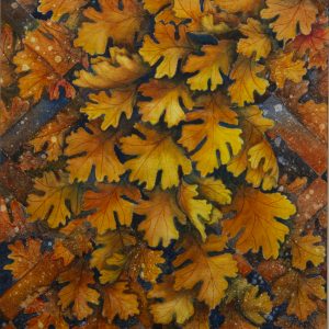 Painting - Burr Oak Leaves - painting of Burr Oak Leaves on brick walk. Leaves are a beautiful mix of orange, brown and yellow colors.