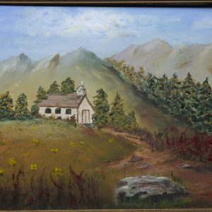Painting - Church on the Mountain Side - painting of quaint white church on a small hilltop on the countryside with mountains in the background.
