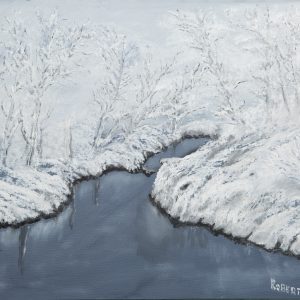 Painting - Cow Creek in January - painting of creek surrounded by snow covered ground and ice covered trees on the bank.