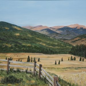 Painting - Fence with a View - painting of wooden fence on land in a valley with mountains in the background