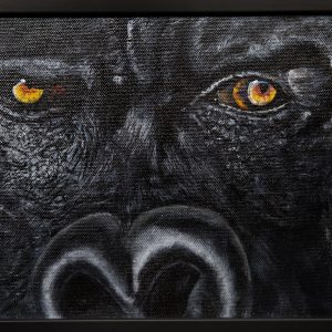 Painting - Fierce Guardian - painting of gorilla's eyes and nose close up with fierce golden yellow eyes