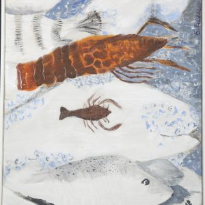 Painting - Fish Market - painting of white fish lying on blue colored surface along with a large orange/brown lobster and a small brown lobster.