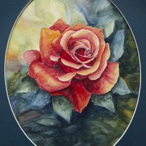 Painting - Fragrant Cloud Rose - painting of one single rose bud in full bloom in red with accents of orange/yellow colors on blue and green textured background.