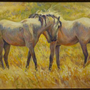 Painting - High Plains Howdy - painting in golden colors of two horses facing each other rubbing heads and neck against each other.