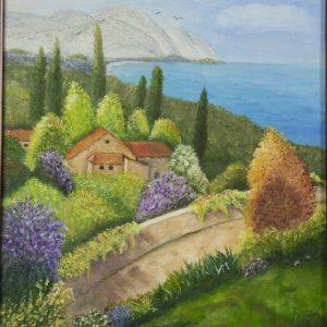 Painting - Italian Dreams - painting of Tuscan style home on the country side with beautiful foliage in colors of blue, purple and pink, as well as tall thin green evergreen trees with mountains and the ocean in the background.