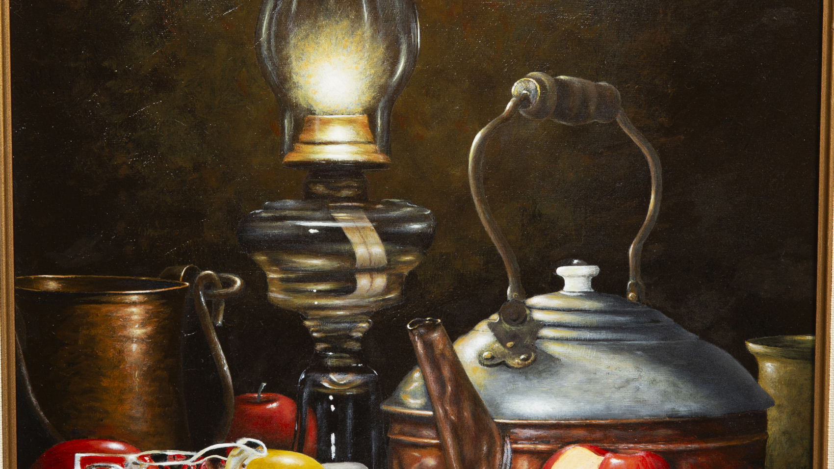 Painting - Lamp and Tea Kettle - painting of vintage oil lamp burning with bright light with an antique tea kettle sitting next to red and green apples on covered table