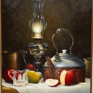 Painting - Lamp and Tea Kettle - painting of vintage oil lamp burning with bright light with an antique tea kettle sitting next to red and green apples on covered table