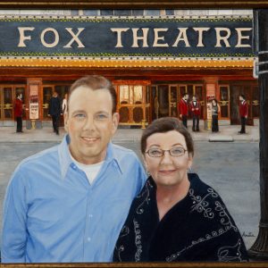 Painting - Magical Memory - vibrant and colorful detailed painting of man and woman standing outside of Fox Theatre.