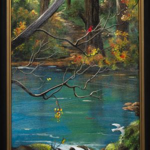 Painting - Midsummer Day - vibrant colorful painting on black felt featuring a beautiful waterfall in a stream with large mature trees in background with red cardinal sitting on a branch.