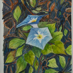 Painting - Morning Glory - watercolor painting of two blue morning glories surrounded by a variey of green leaves on a unique blue, orange and brown patterned background.