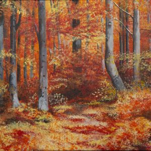Painting - Natures Colors - painting of white/gray tree trunks surrounded by foliage and leaves in beatuiful colors of orange, yellow and red.