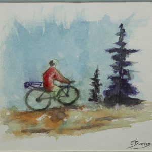 Painting - Nice Day for a Ride - watercolor painting of person on bicycle wearing a hat and red coat. Evergreen trees of a purple shade are in the background against a blue sky.