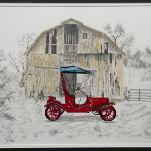 Painting - Oldtimers Car and Barn - painting of a red vintage car with blue fabric top parked in front of an old barn.