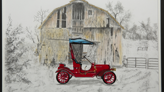 Painting - Oldtimers Car and Barn - painting of a red vintage car with blue fabric top parked in front of an old barn.