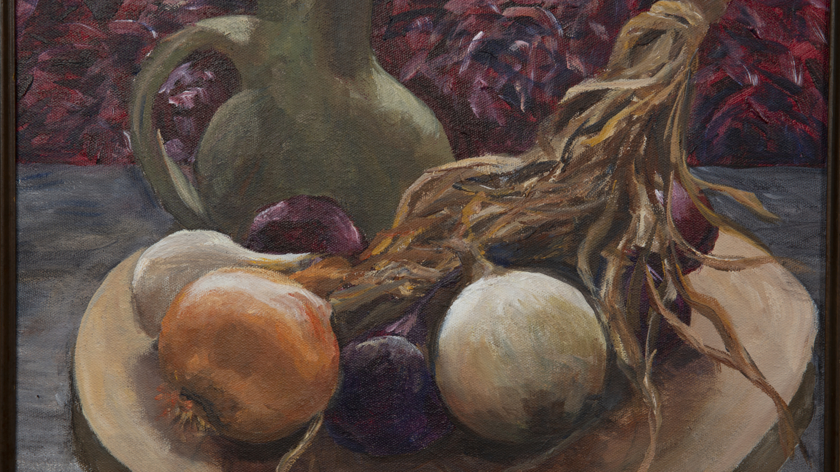 Painting - Onions II - painting of white, yellow and purple onions with stems lying on a terra cotta colored tray that is next to a green pitcher