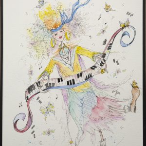 Painting - Piano Twiglette - wimsical painting of a female with colorful curly hair tied with a blue ribbon playing a colorful piano that appears to be drawn on a ribbon of fabric.